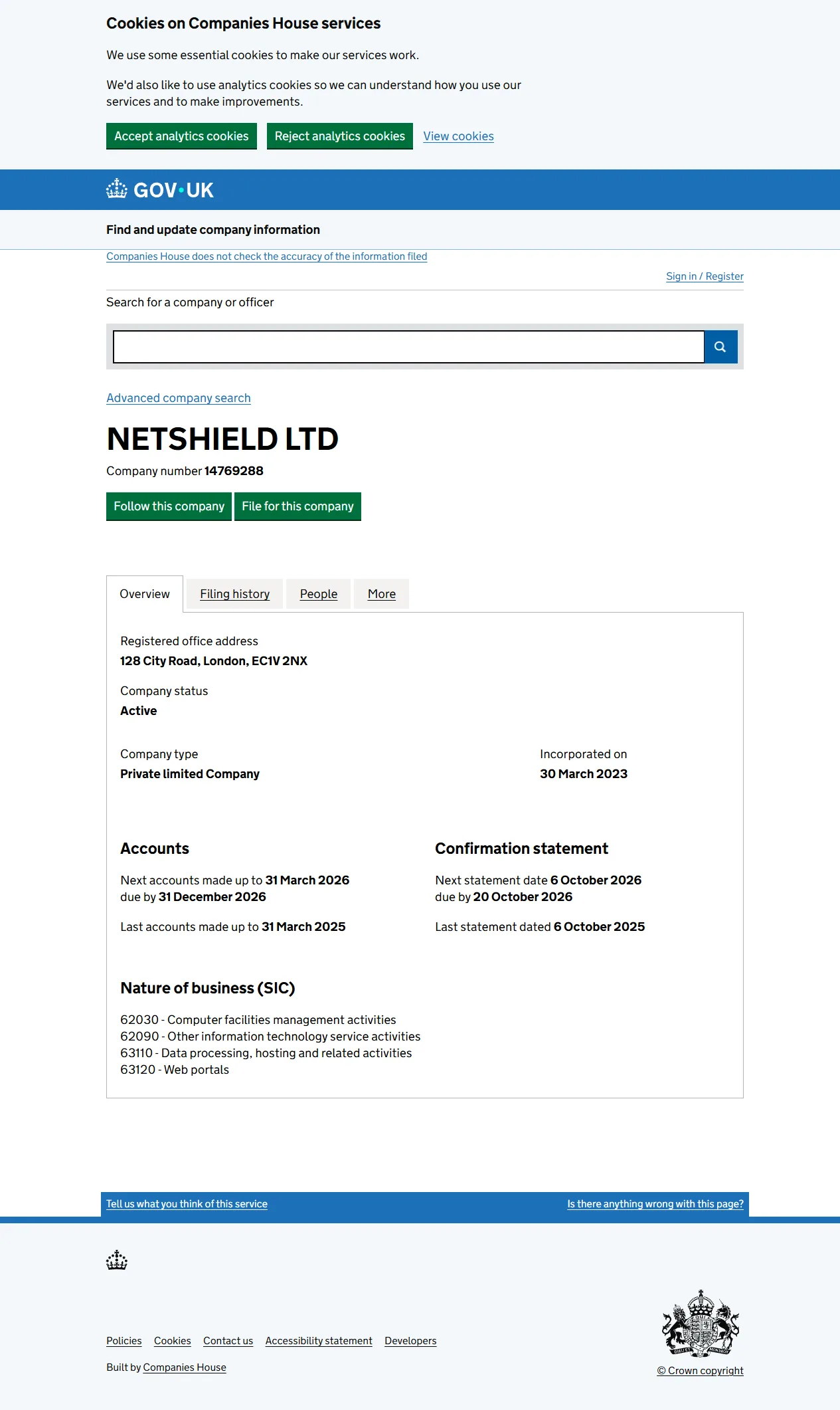 UK Companies House page for NETSHIELD LTD, showing the shell company used to operate the scam network's hosting infrastructure