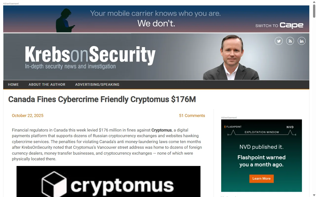 Krebs on Security article titled Canada Fines Cybercrime Friendly Cryptomus 176M, documenting FINTRAC penalties and the 122 cybercrime services using the processor