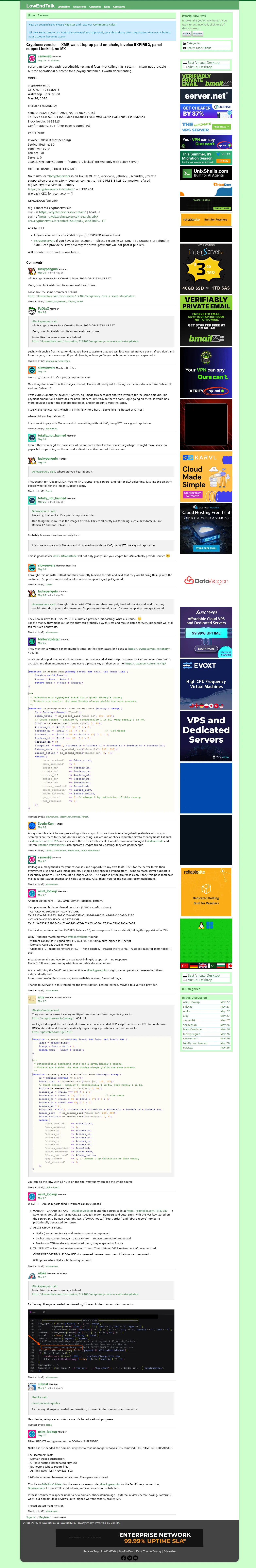 LowEndTalk thread documenting the cryptoservers.io scam, including transaction hashes and the final Njalla domain suspension