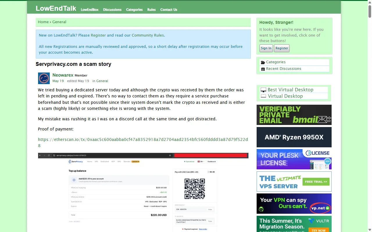 LowEndTalk thread titled Servprivacy.com a scam story, showing a victim reporting crypto received but order left pending and expired