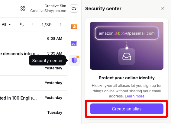 Official Proton support screenshot showing the Create an alias flow in Proton Mail