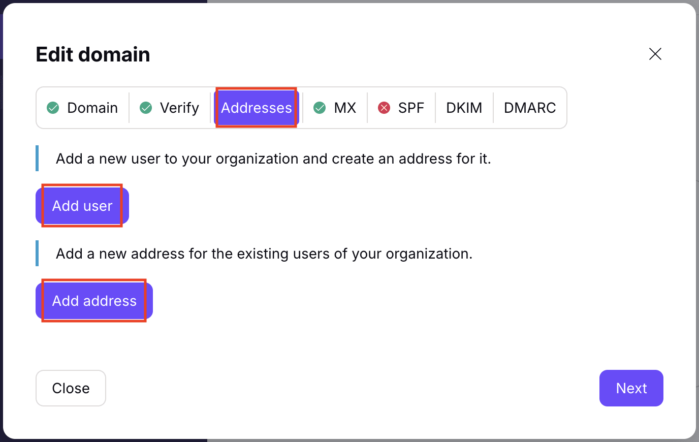 Official Proton support screenshot showing the add address flow for a custom domain in Proton Mail