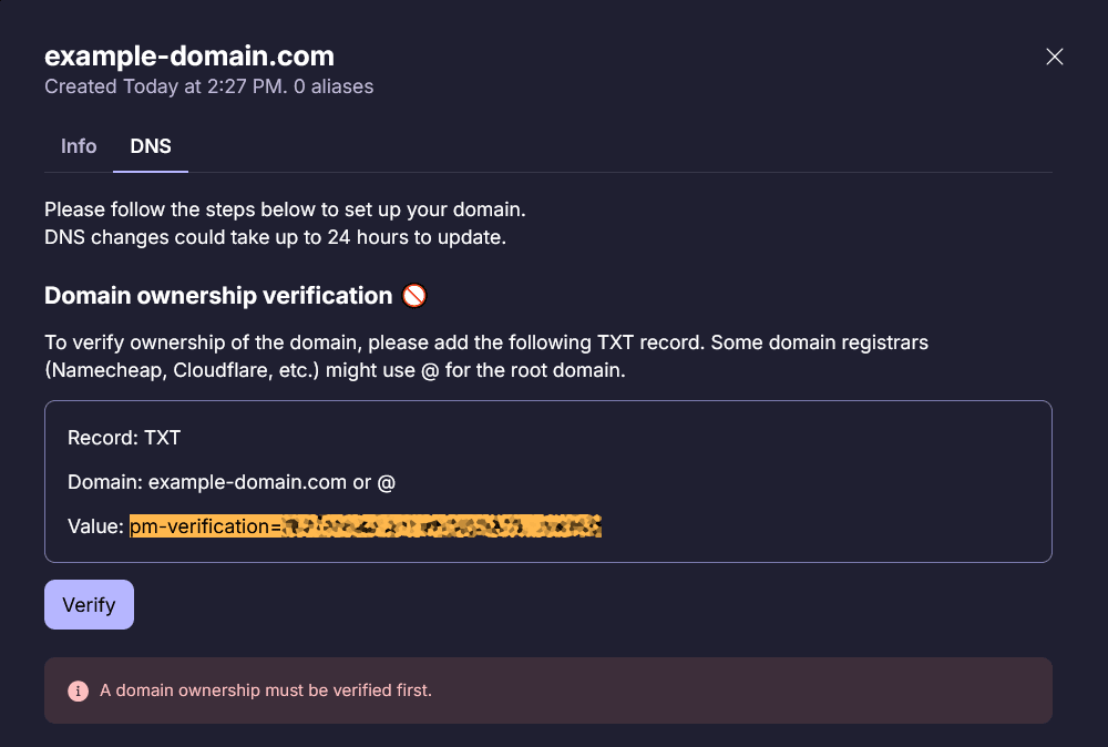 Official Proton support screenshot showing custom alias domains in Proton Pass