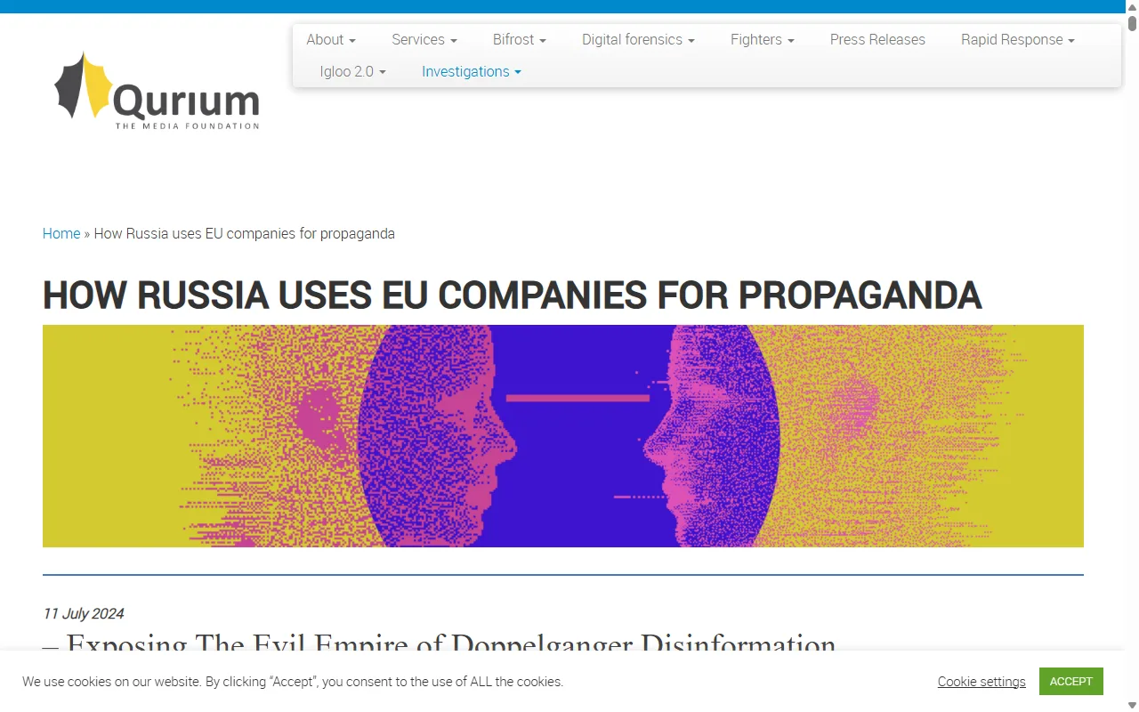 Qurium Media Foundation report titled How Russia uses EU companies for propaganda, exposing the Evil Empire of Doppelganger disinformation