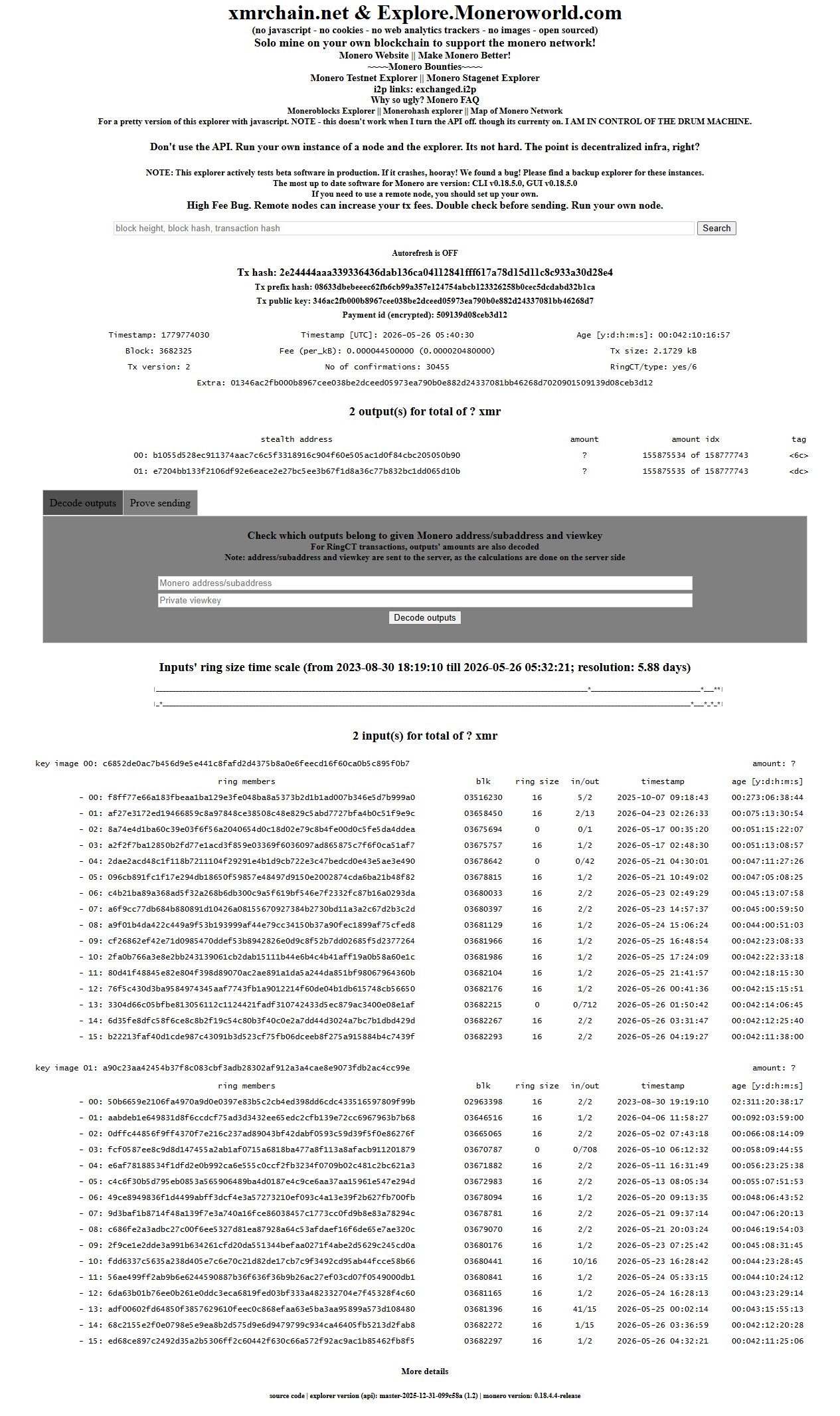 xmrchain.net blockchain explorer showing the confirmed Monero transaction with 30,000+ confirmations that was never credited by the scam site
