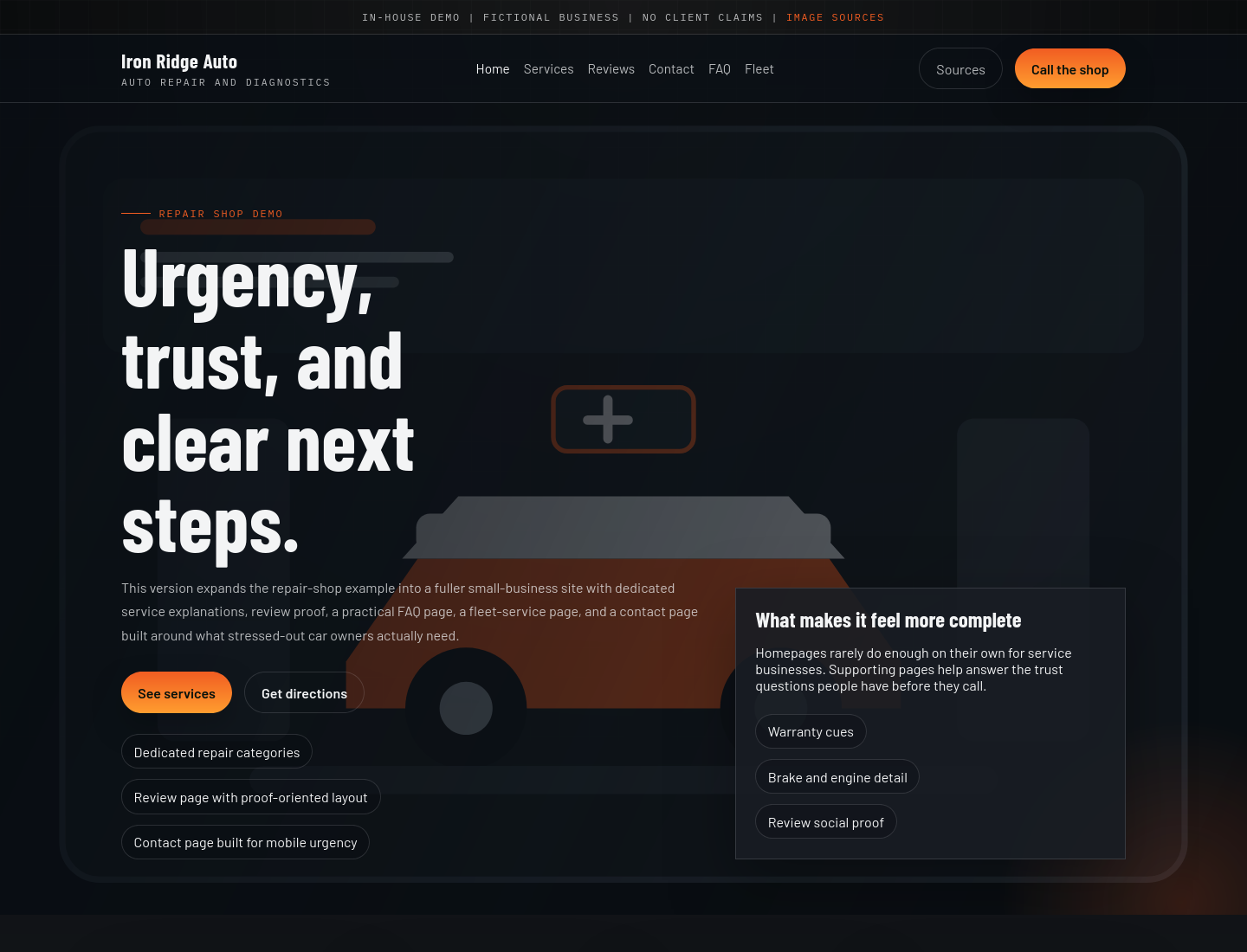 Homepage screenshot showing an auto repair website redesign example.