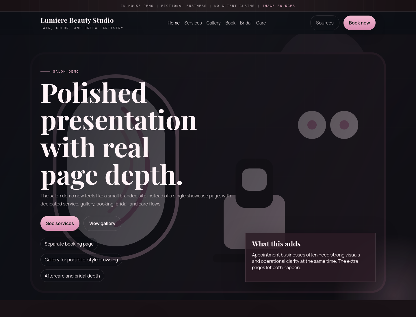 Homepage screenshot showing a beauty studio website design example.